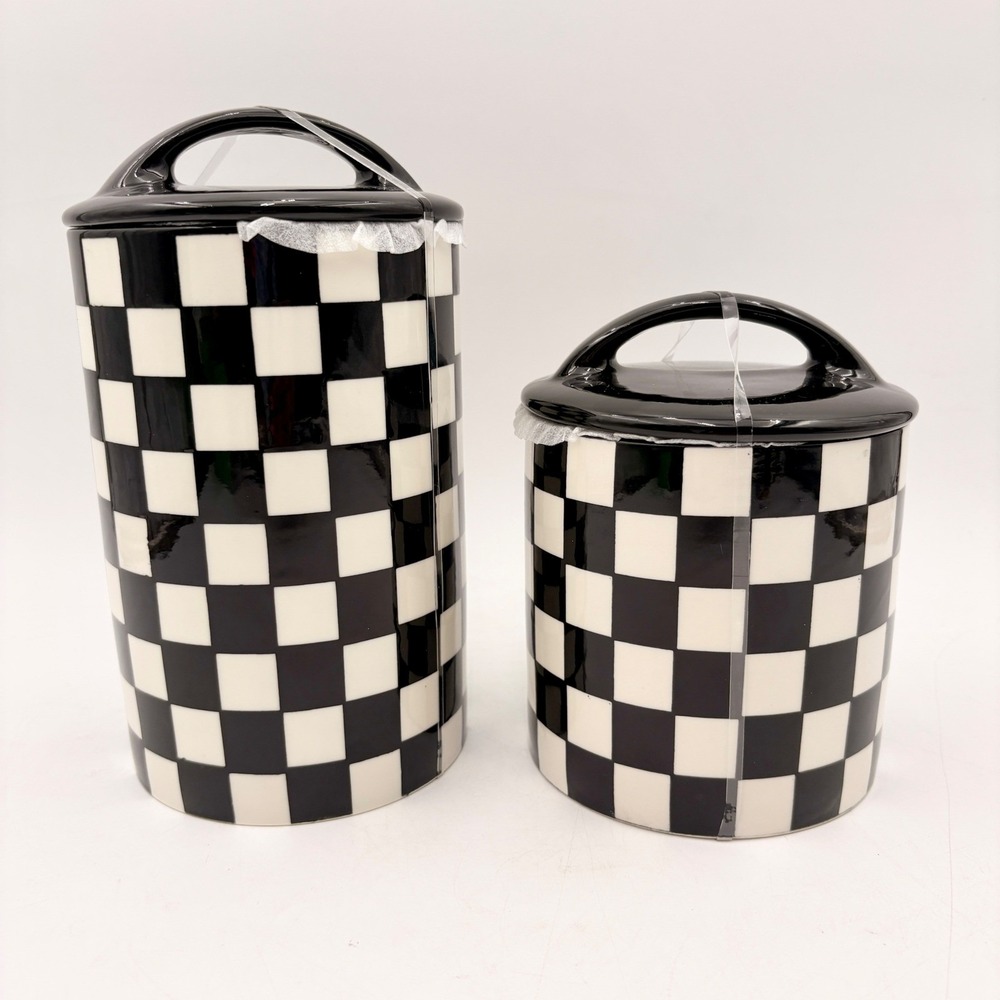 Potters Studio Black White Checkered Ceramic Canister Set 2 Piece Courtly Check